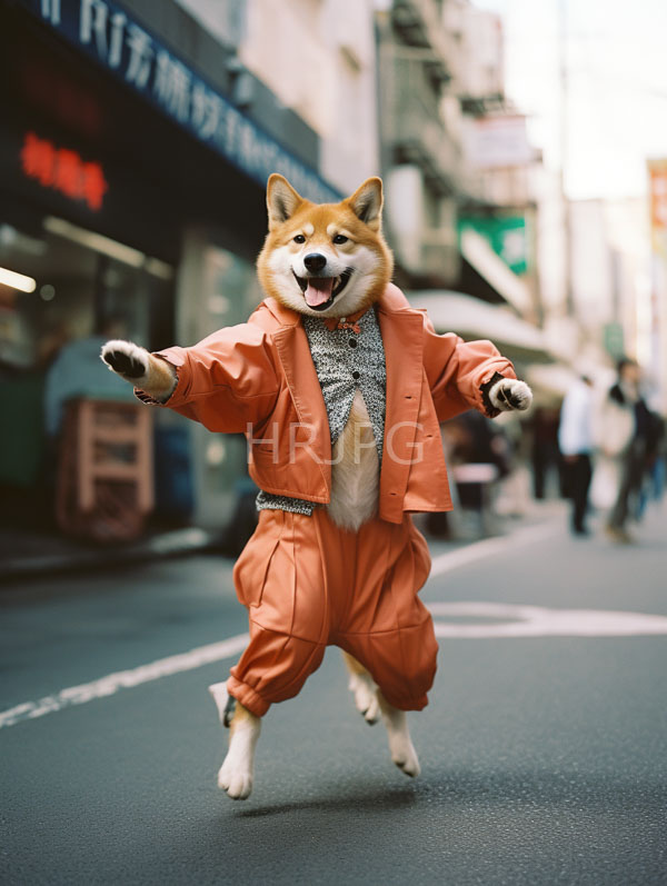 High Resolution: Anthropomorphic Shiba Inu dog wears orange puffy pants and a matching jacket with arms outstretched in mid-jump on a city street with Japanese signs download. | HRJPG.com