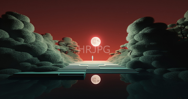 High Resolution: Ethereal surreal landscape with fluffy green clouds on both sides of symmetrical stone steps leading to a reflective water surface beneath a glowing red full moon download. | HRJPG.com