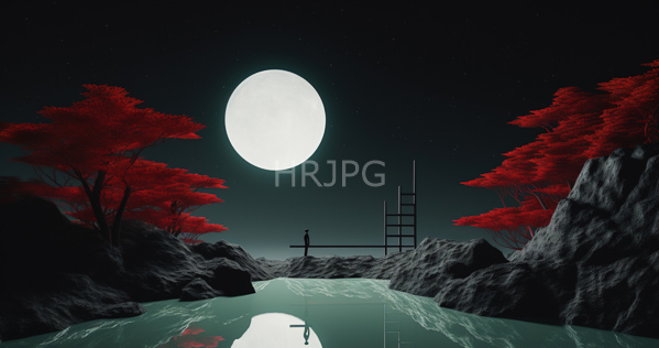 High Resolution: Ethereal night scene with vibrant red trees rocky terrain surrounding calm water reflecting moonlight and stars a full white moon dominates the sky download. | HRJPG.com
