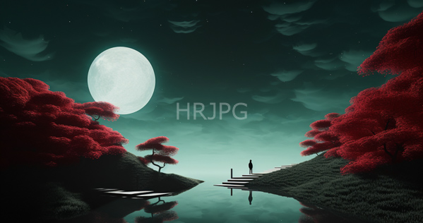 High Resolution: Ethereal night scene with vibrant red trees on either side of a reflective calm river leading to steps where one silhouetted figure stands alone under a large full moon download. | HRJPG.com