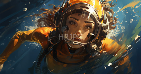 High Resolution: Underwater scene features a determined young woman with brown hair wearing orange scuba gear and a helmet with air tubes with expressive eyes focusing forward download. | HRJPG.com