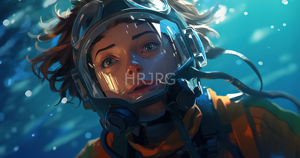High Resolution: Underwater scene features a young woman with light brown skin and curly hair wearing scuba gear and goggles looking upward through clear water illuminated by blue-green lights download. | HRJPG.com