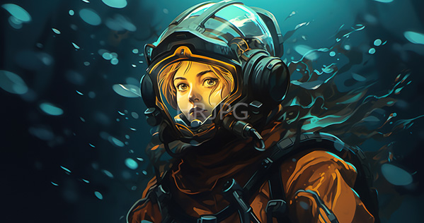 High Resolution: Underwater scene features a young woman with light brown hair wearing a transparent diving helmet and large black headphones over her ears and orange scuba gear download. | HRJPG.com