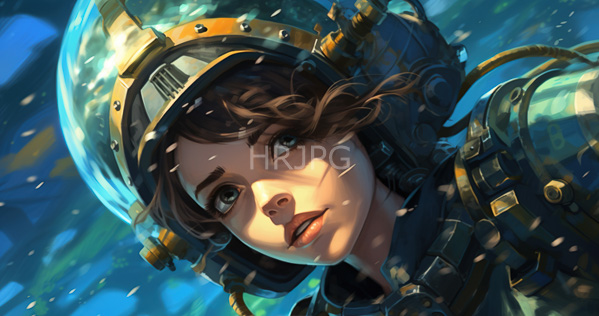 High Resolution: Anxious young woman with curly brown hair wears futuristic space gear including a transparent helmet and a bulky headset against a vibrant blue-green underwater-like background download. | HRJPG.com