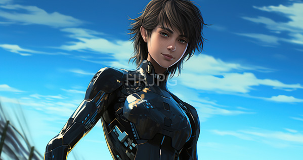 High Resolution: Attractive young woman with short dark brown hair and light skin wears a sleek black futuristic bodysuit against a bright blue sky with a confident gaze download. | HRJPG.com