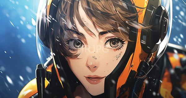 High Resolution: Anime-style illustration of Tracer from Overwatch with short brown hair and large green eyes under an orange helmet visor in snowy conditions download. | HRJPG.com