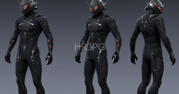 High Resolution: Three identical muscular male humanoid figures with black scaly skin and red glowing eyes wear sleek form-fitting dark armor suits with textured patterns download. | HRJPG.com