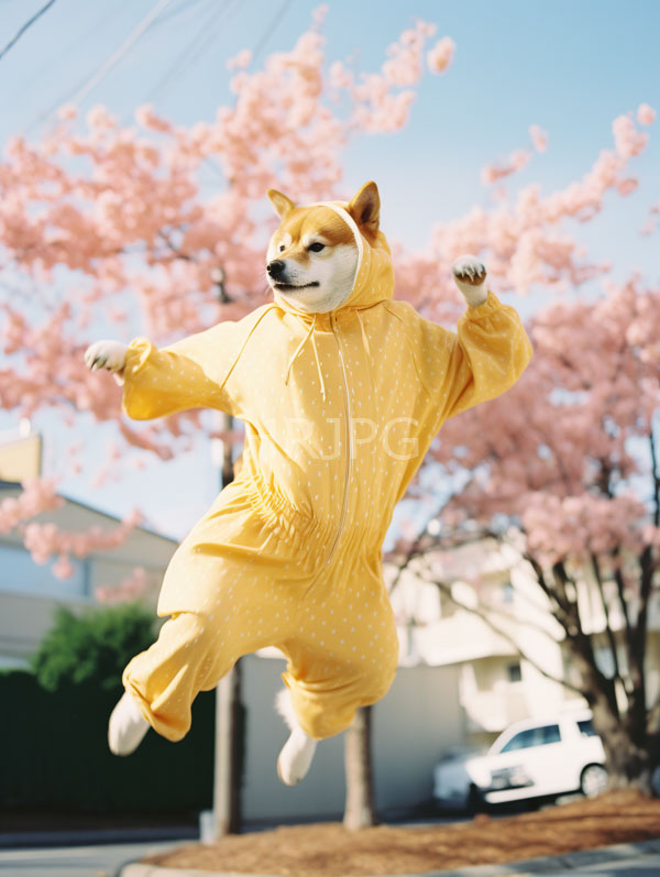 High Resolution: Adorable Shiba Inu dog mid-jump wearing a yellow polka-dotted onesie with a hood up against cherry blossom trees in full bloom under a clear blue sky download. | HRJPG.com