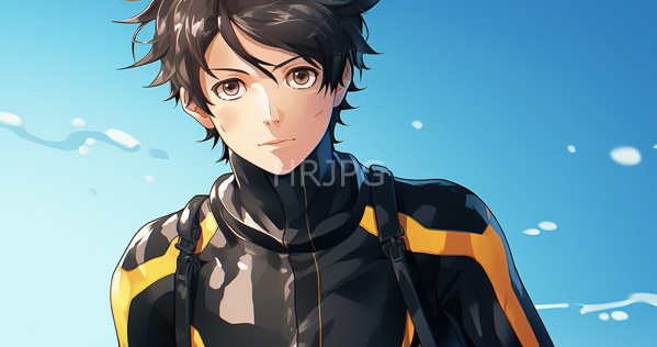 High Resolution: Anime-style drawing of an attractive young man with short tousled black hair and brown eyes against a clear blue sky background wearing a sleek black jacket accented in yellow download. | HRJPG.com
