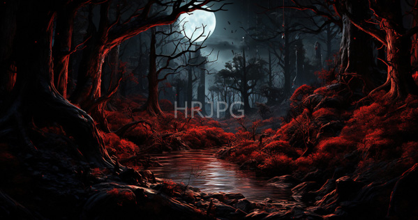 High Resolution: Eerie dark forest at night with glowing red foliage and twisted trees framing a reflective stream under a full moon in the background download. | HRJPG.com