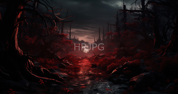 High Resolution: Dark fantasy landscape features an eerie forest with twisted black trees and glowing red foliage along a reflective stream leading to misty ruins under ominous clouds download. | HRJPG.com