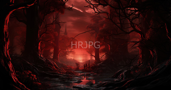 High Resolution: Eerie dark forest at sunset with red-illuminated trees and twisted branches framing a narrow stream in the foreground with distant Gothic-style castle spires download. | HRJPG.com