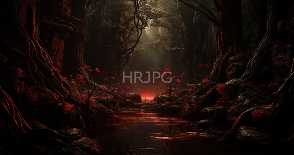 High Resolution: Eerie dark forest with twisted trees and gnarled roots illuminated by red flowers along a reflective stream leading to glowing orange-red light in a misty background download. | HRJPG.com
