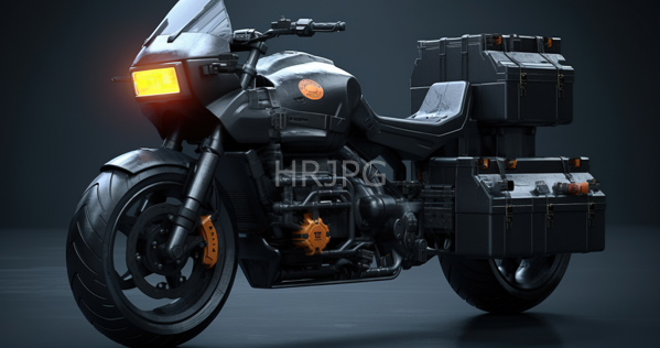 High Resolution: Futuristic black motorcycle with orange accents featuring large storage boxes and an illuminated yellow headlight against a dark background with a sleek design download. | HRJPG.com