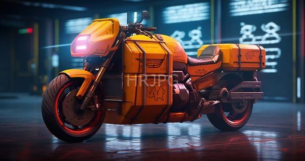 High Resolution: Futuristic yellow armored motorcycle with red accents and glowing headlights in a dim industrial setting featuring neon-lit Japanese characters on dark walls download. | HRJPG.com