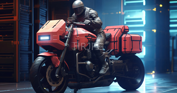 High Resolution: Armored motorcyclist in dark gear and a helmet rides a red sci-fi motorcycle with large storage boxes on its rear side within a high-tech industrial setting download. | HRJPG.com