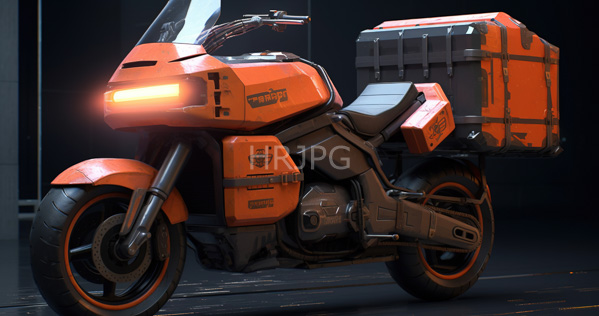 High Resolution: Futuristic orange and gray motorcycle with a sleek angular design features an illuminated front light and a large cargo box labeled EMERGENCY SUPPLIES download. | HRJPG.com