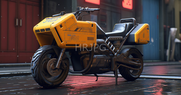 High Resolution: Industrial-style yellow and black motorcycle with large tires parked on wet pavement in front of neon-lit storefronts at night reflecting raindrops download. | HRJPG.com
