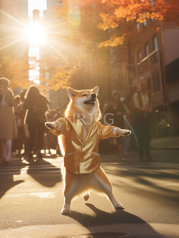 High Resolution: Anthropomorphic Shiba Inu dog standing on two legs in golden shimmering attire with outstretched arms at sunset surrounded by people and autumn trees download. | HRJPG.com