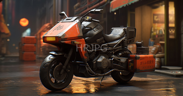 High Resolution: Orange and black futuristic motorcycle with a sleek angular design parked on a wet street at night in a neon-lit urban setting with reflective surfaces showing raindrops download. | HRJPG.com