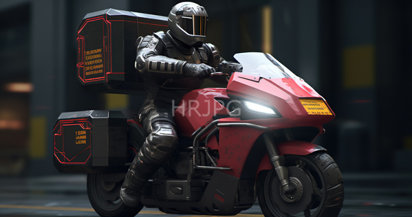 High Resolution: Futuristic armored courier riding a red high-tech motorcycle with black cargo boxes and neon accents wearing a silver helmet and suit in an urban setting at night download. | HRJPG.com