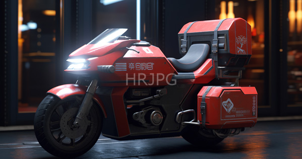 High Resolution: Futuristic red motorcycle with a sleek angular design and black accents parked on wet pavement at night in front of illuminated store windows download. | HRJPG.com