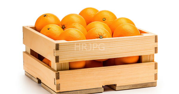 High Resolution: Nine bright orange textured citrus fruits in two stacked wooden crates with visible grain and natural wood tones on a white background download. | HRJPG.com