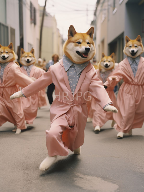 High Resolution: Six Shiba Inu dogs dressed in pink satin suits with blue polka-dotted shirts running down an urban street with joyful expressions download. | HRJPG.com