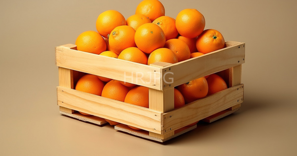 High Resolution: Wooden crate filled with bright orange textured citrus fruits oranges against a beige background in a simple minimalistic style download. | HRJPG.com