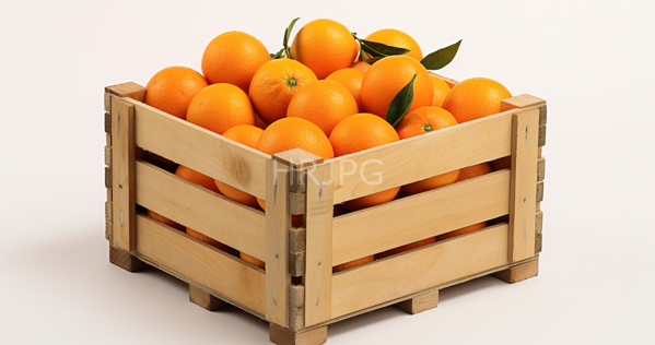 High Resolution: Wooden crate filled with bright orange textured citrus fruits oranges and green leaves on a white background in a simple composition download. | HRJPG.com