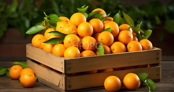 High Resolution: Vibrant orange citrus fruits with green leaves in rustic wooden crates on a dark wood table with blurred foliage in the background download. | HRJPG.com