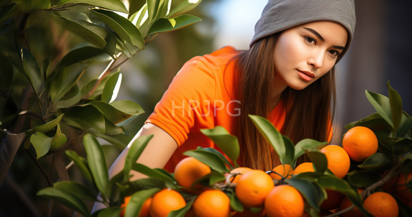 High Resolution: Attractive young woman with long brown hair wearing a gray beanie and orange t-shirt leaning towards lush green leaves adorned with numerous bright oranges download. | HRJPG.com