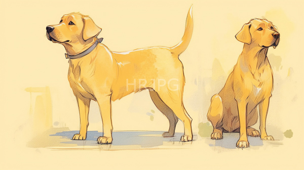 High Resolution: Two golden retriever dogs on a beige background one standing with its tail up and one sitting calmly looking forward with soft yellow fur shading download. | HRJPG.com