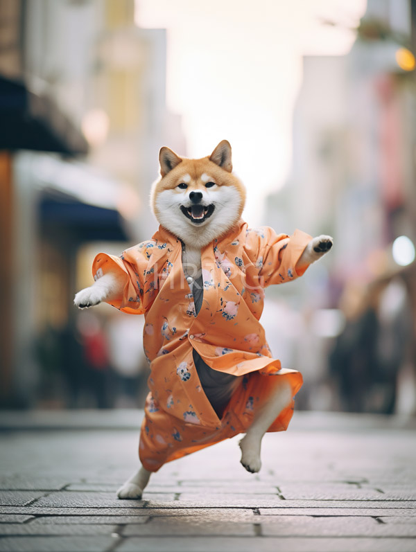 High Resolution: Adorable Shiba Inu dog mid-jump on a cobblestone street wearing an orange floral kimono with sleeves slightly billowing in motion with black underwear visible download. | HRJPG.com