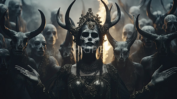 High Resolution: Dark fantasy scene features an imposing figure with blackened skin and a skeletal face wearing an ornate horned headdress surrounded by ghost-like humanoid creatures download. | HRJPG.com