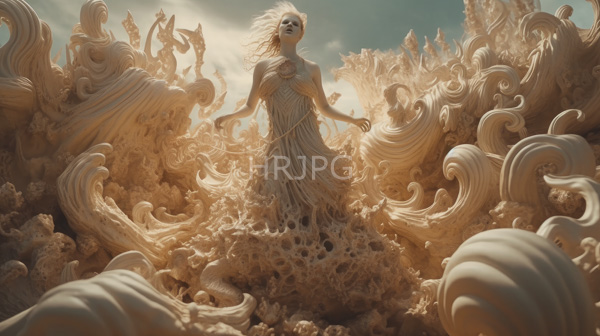 High Resolution: Surreal ethereal woman with flowing white hair and pale skin standing amidst swirling waves of intricate stone-like formations resembling clouds or sea foam download. | HRJPG.com