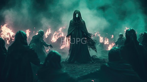 High Resolution: Dark atmospheric scene depicts multiple hooded figures in tattered robes surrounding one central figure illuminated by fiery light from behind them download. | HRJPG.com