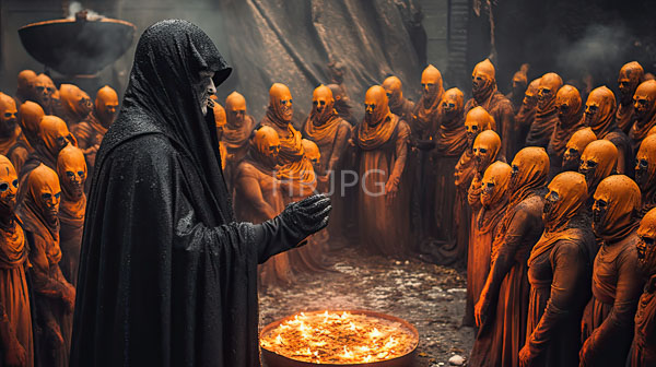 High Resolution: Eerie scene features one dark-robed hooded figure standing before rows of orange-cloaked skeletons holding their hands in prayer around glowing fire pits download. | HRJPG.com