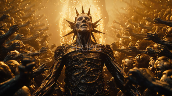 High Resolution: Imposing skeletal figure with a spiky crown and textured armor stands amidst numerous outstretched hands in darkness with a warm glowing background download. | HRJPG.com