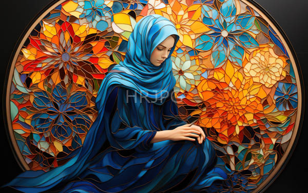 High Resolution: Ethereal young woman with light skin wears flowing blue robes and a headscarf against vibrant stained glass flowers in autumn hues sitting gracefully amidst colorful floral patterns download. | HRJPG.com