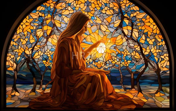 High Resolution: Illuminated stained glass window depicts Jesus in profile wearing flowing orange robes and holding up his right hand towards a radiant sun surrounded by golden leaves download. | HRJPG.com
