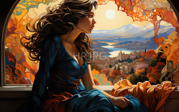 High Resolution: Attractive woman with wavy brown hair wears a deep blue dress that reveals her cleavage and an orange skirt sitting on a window ledge gazing contemplatively at an autumn landscape download. | HRJPG.com