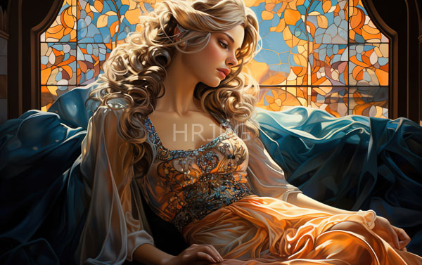 High Resolution: Ethereal blonde woman with curly hair sits in front of stained glass windows wearing an ornate orange dress adorned with blue floral patterns download. | HRJPG.com