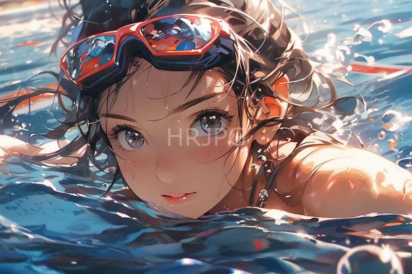 High Resolution: Anime-style young woman with wet wavy black hair and large blue eyes swimming in clear water wears red goggles on her head with glistening water droplets download. | HRJPG.com