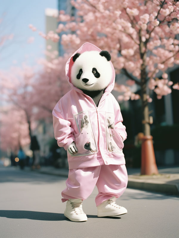 High Resolution: Anthropomorphic panda in a pastel pink hooded onesie with white sneakers stands on an urban street lined by cherry blossom trees download. | HRJPG.com