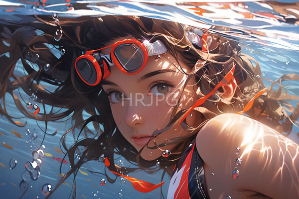 High Resolution: Anime-style young woman with large expressive green eyes and long brown hair floating underwater in clear blue water wears red goggles on her forehead download. | HRJPG.com