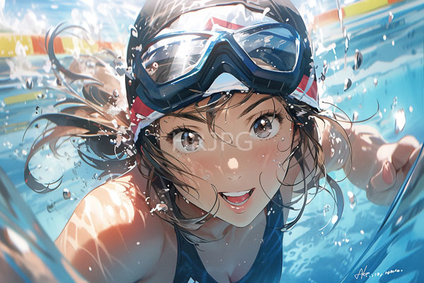 High Resolution: Anime-style excited young woman with brown hair and large expressive eyes swimming in clear blue water wearing black swim goggles on her head smiling widely download. | HRJPG.com