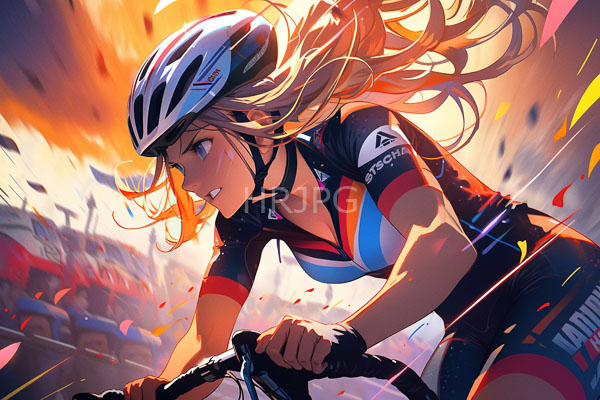 High Resolution: Intense cycling race scene features a determined blonde female cyclist wearing a white helmet and a black racing suit with red blue yellow stripes leaning forward on handlebars download. | HRJPG.com