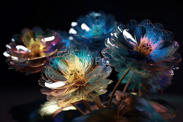 High Resolution: Five translucent iridescent flowers with delicate petals illuminated by soft lighting against a dark background in shades of blue purple and yellow-green download. | HRJPG.com
