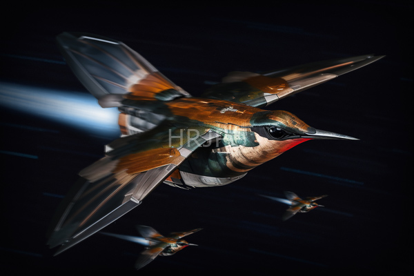 High Resolution: Intricately detailed realistic model depicts four birds with jet-like wings in flight against a dark background with vibrant orange-brown and green feathers download. | HRJPG.com
